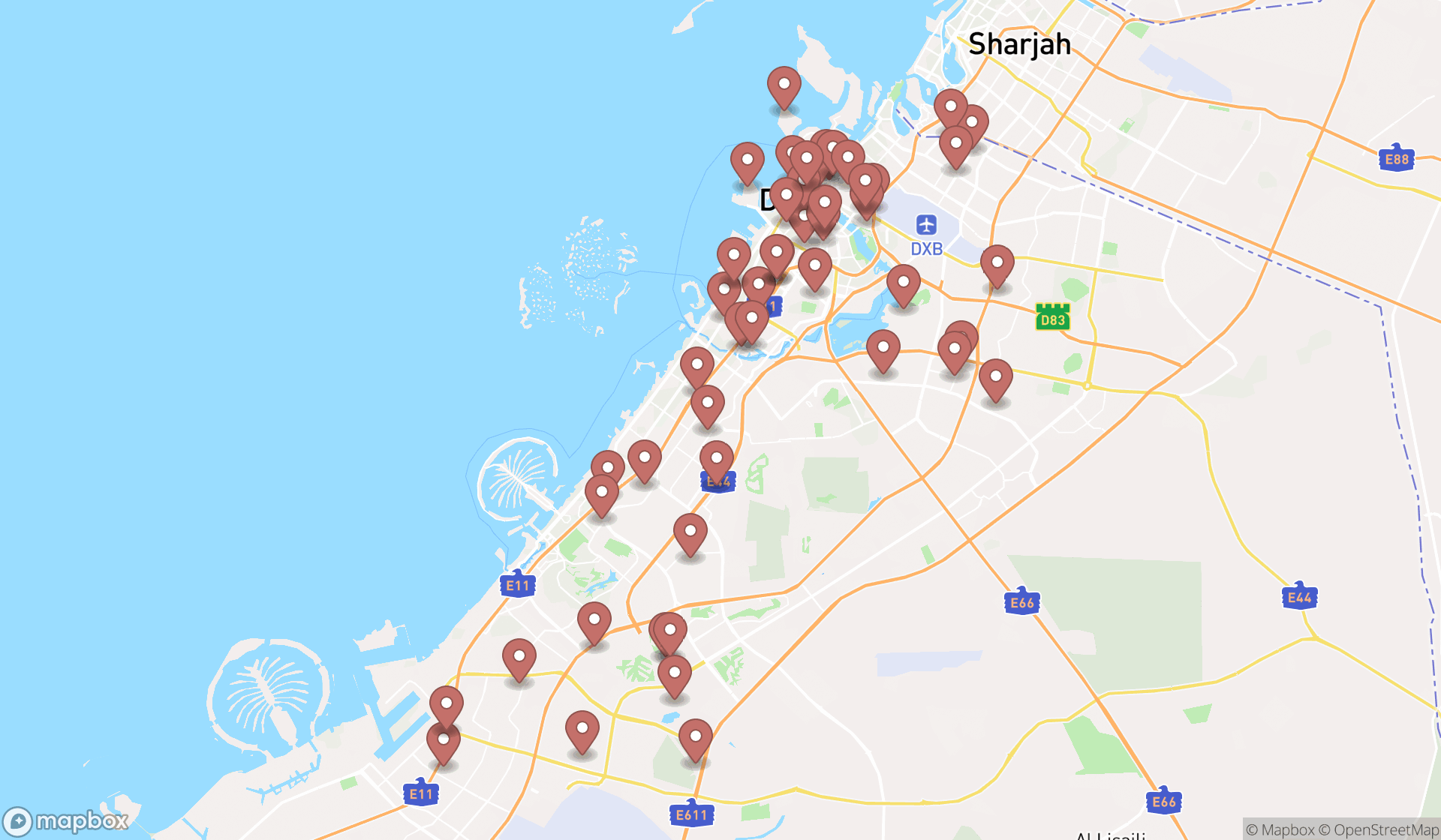 Map showing the search results in Dubai