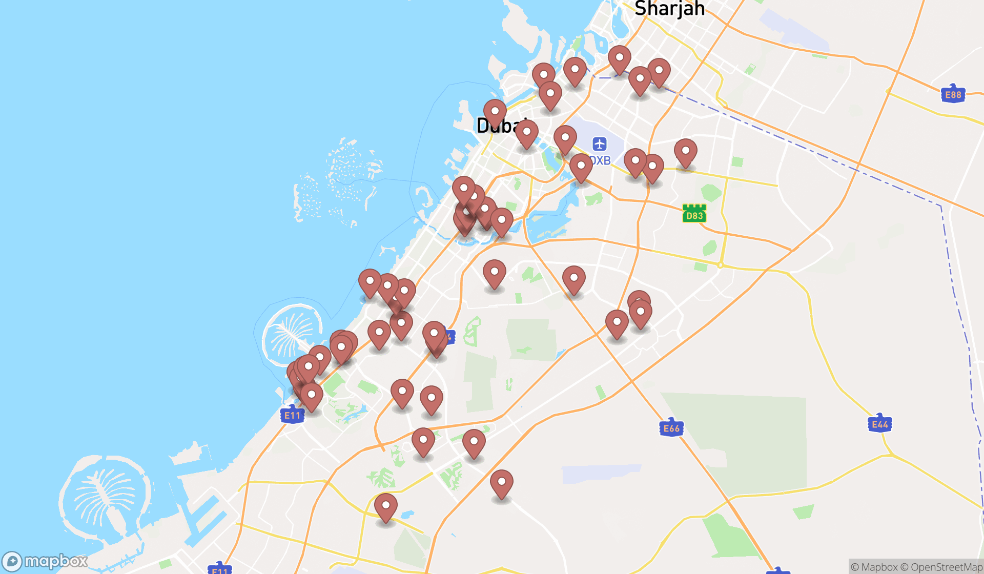 Map showing the search results in Dubai