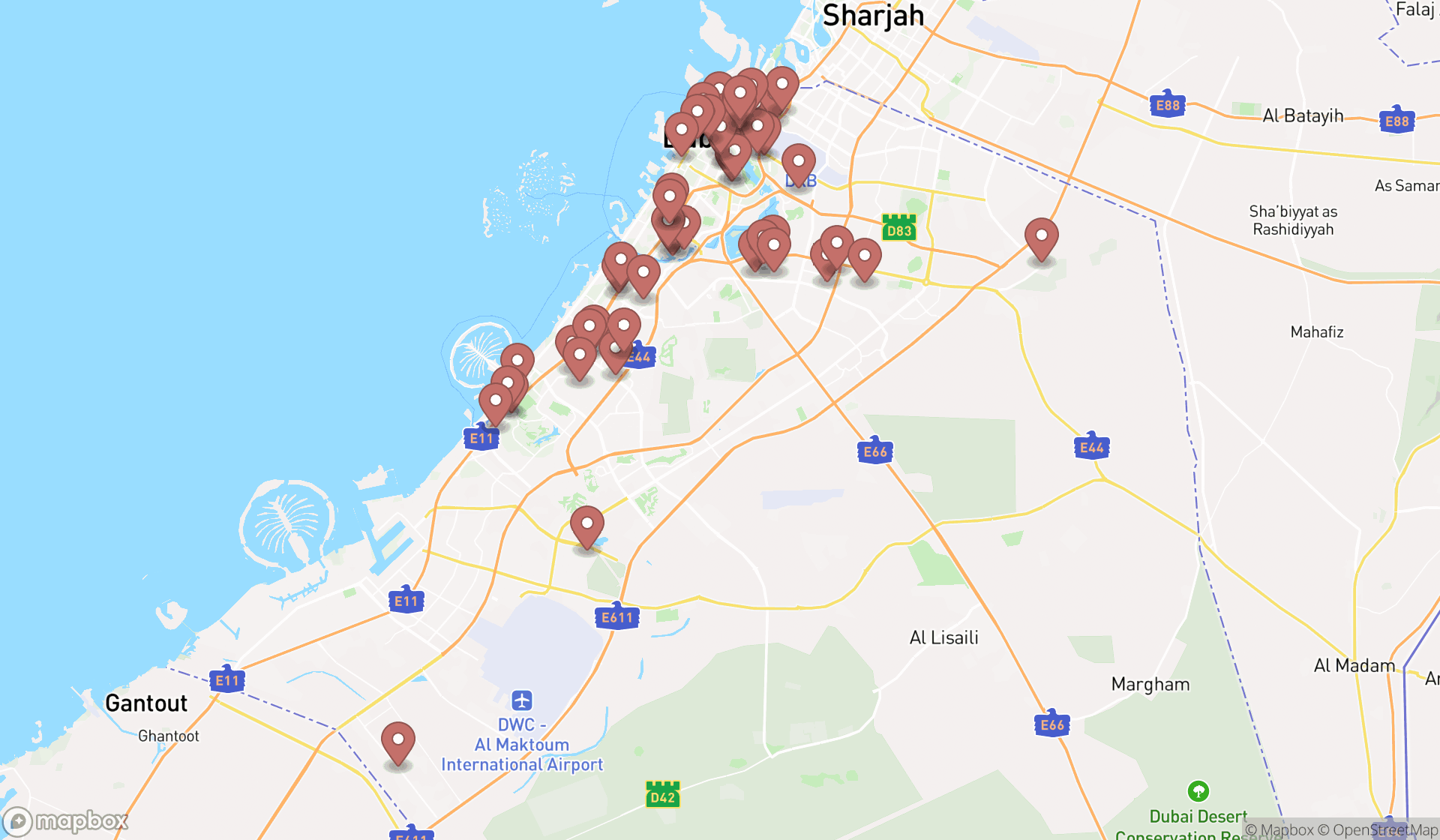 Map showing the search results in Dubai