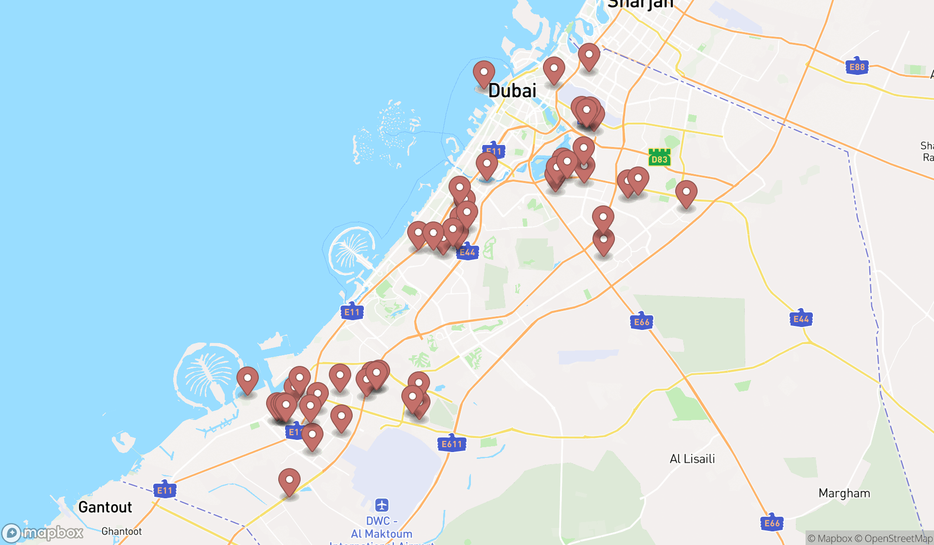 Map showing the search results in Dubai