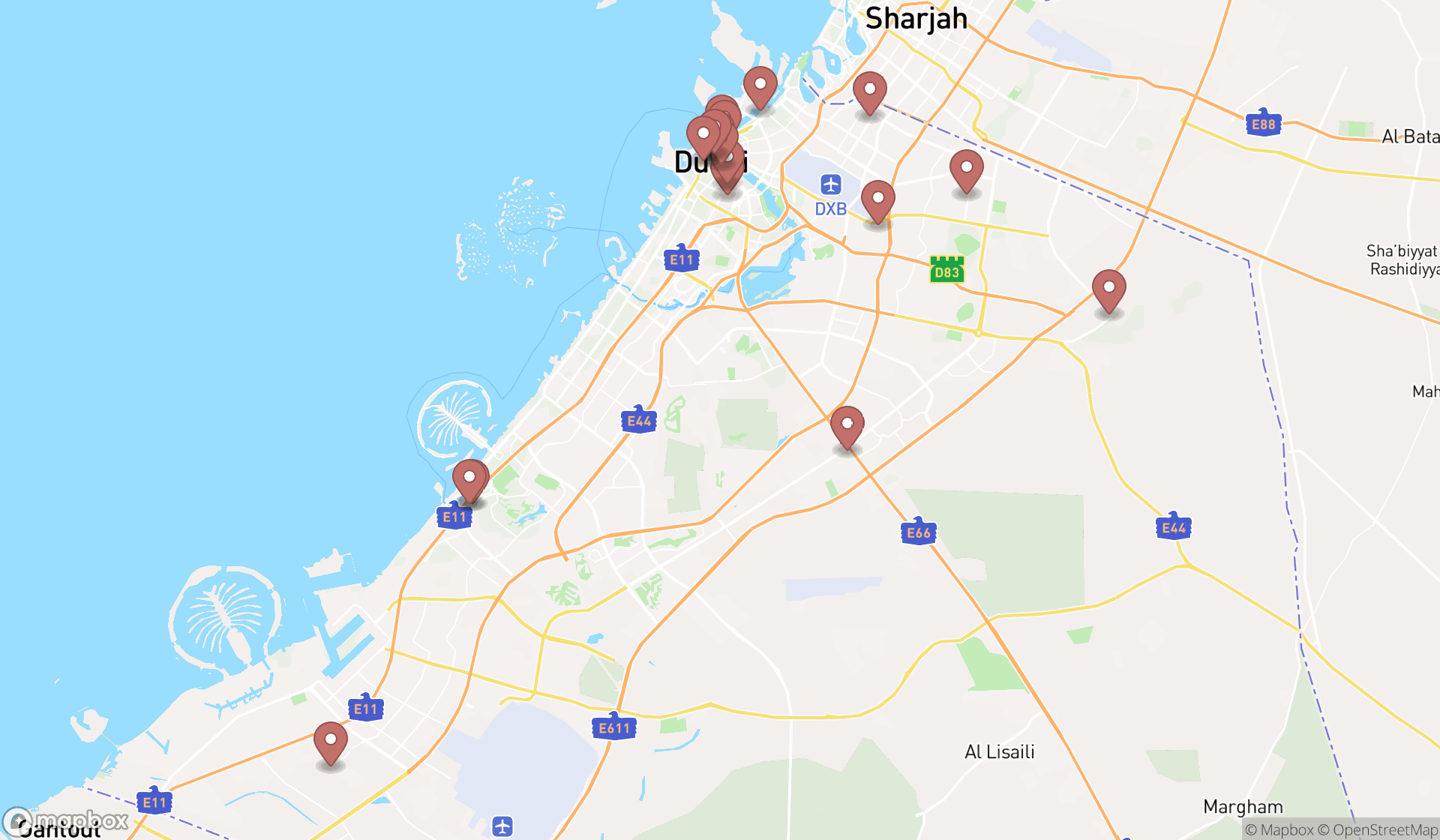 Map showing the search results in Dubai