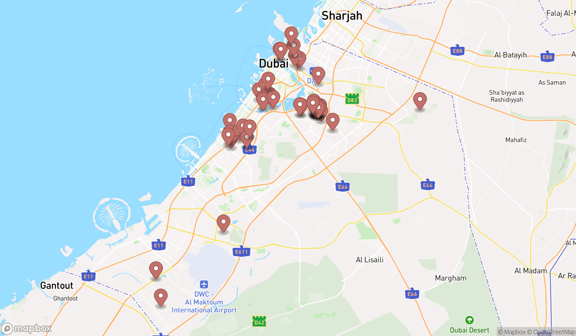 Map showing the search results in Dubai