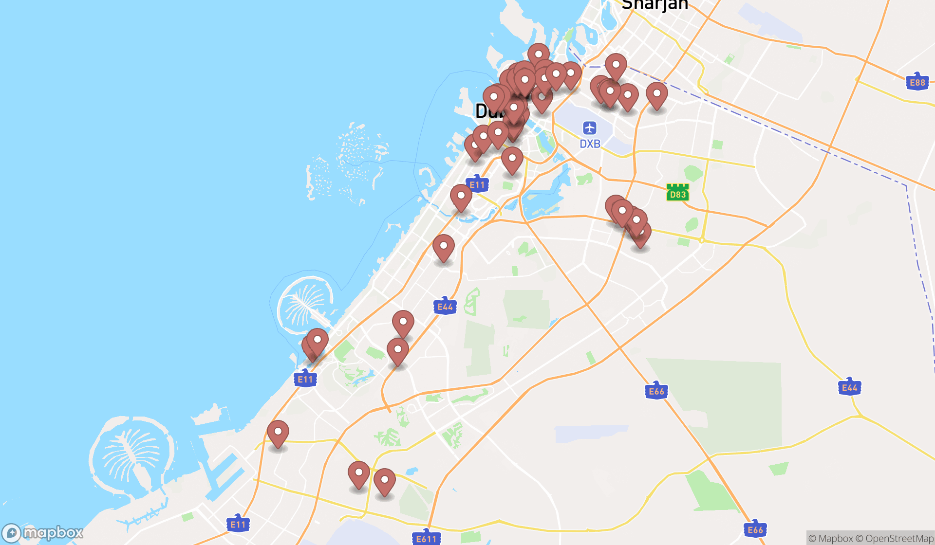 Map showing the search results in Dubai