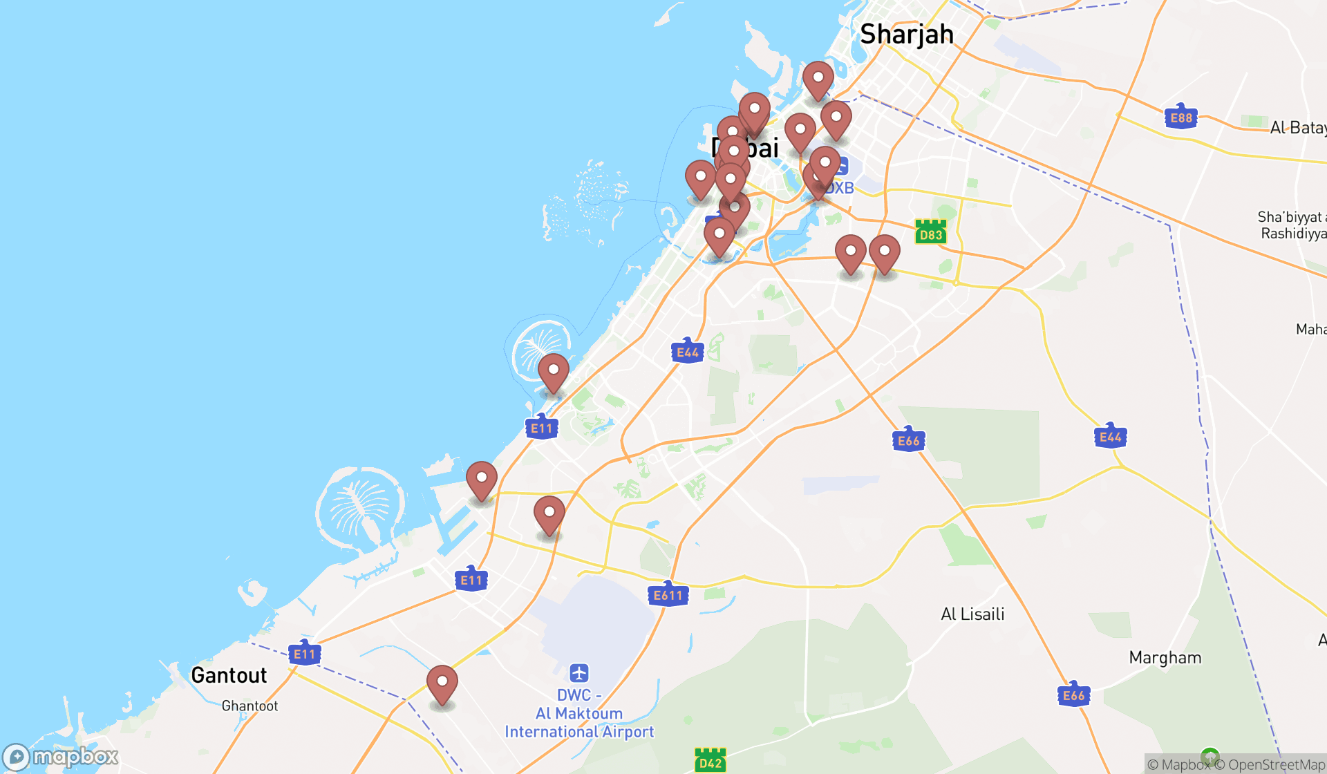 Map showing the search results in Dubai