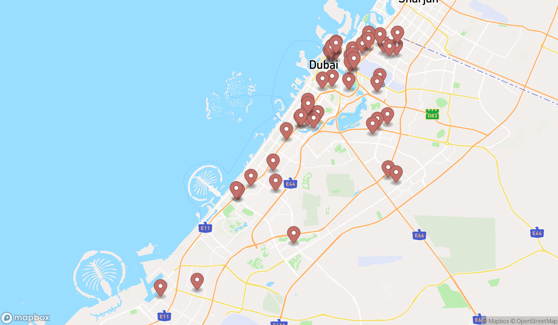 Map showing the search results in Dubai