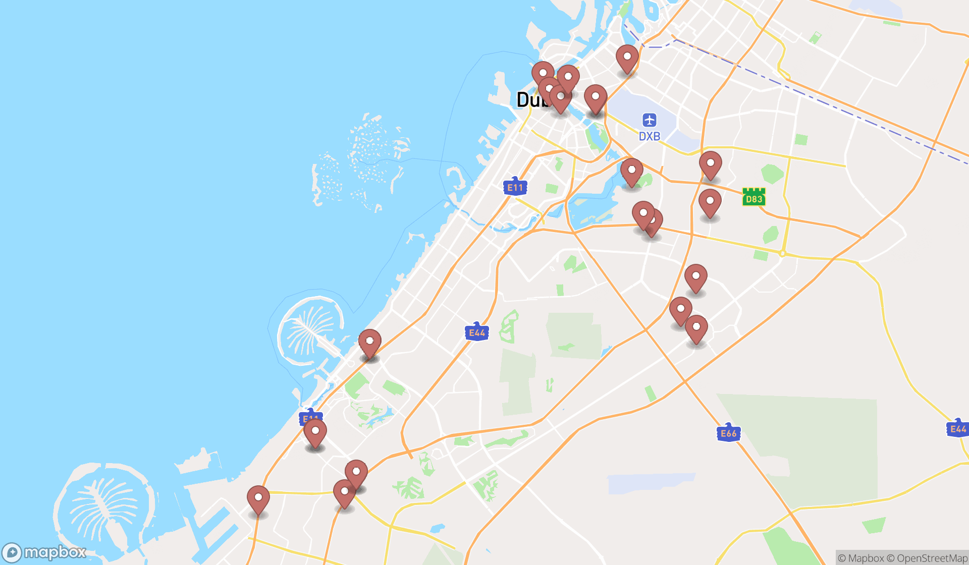 Map showing the search results in Dubai