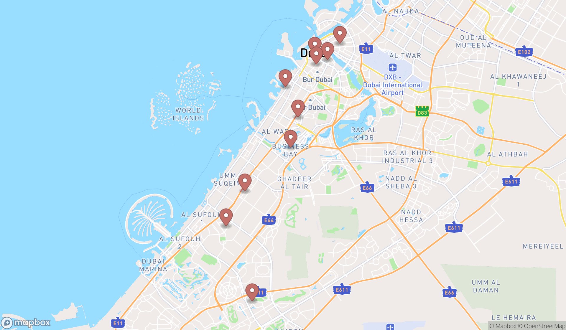 Map showing the search results in Dubai