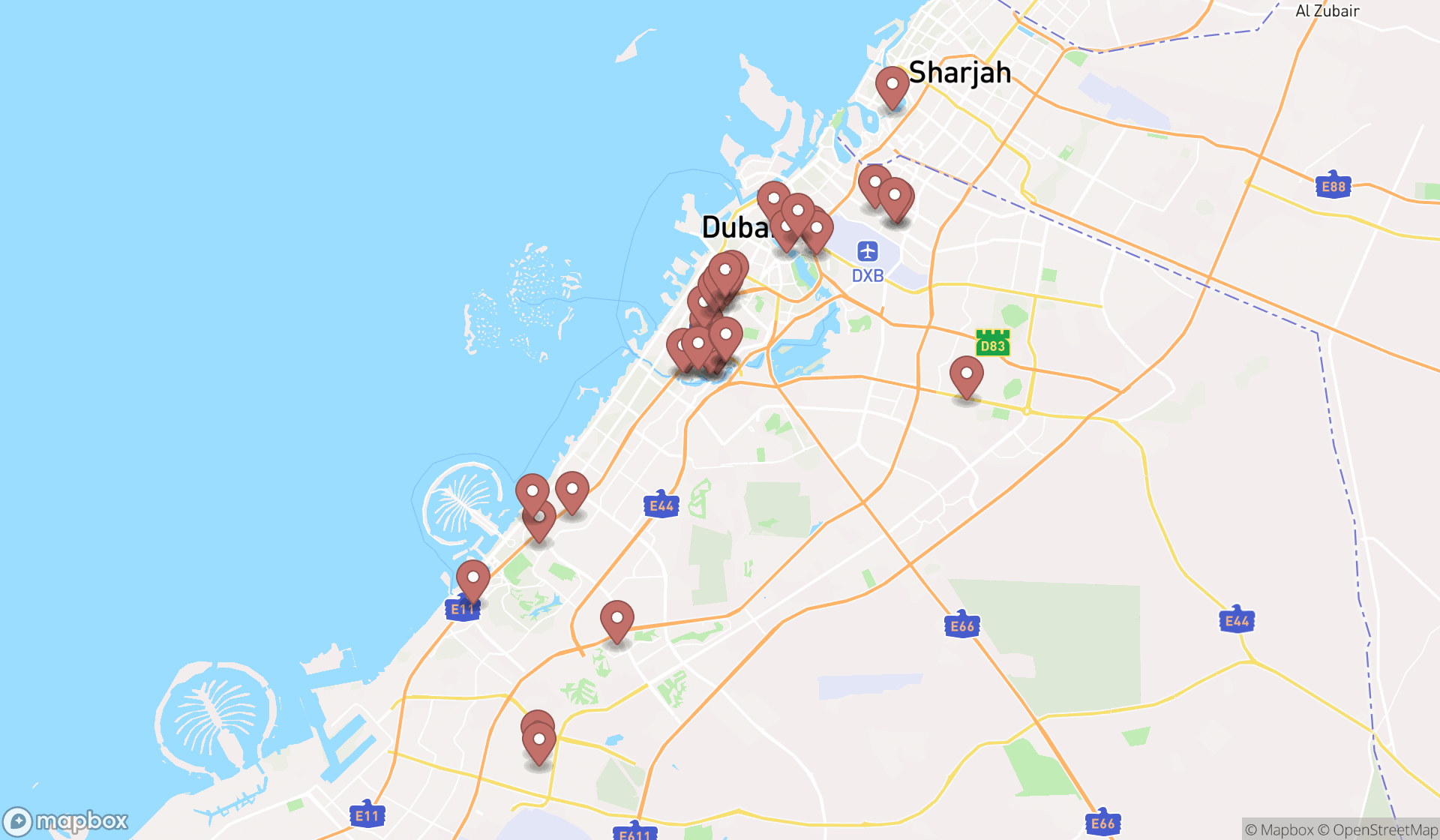Map showing the search results in Dubai