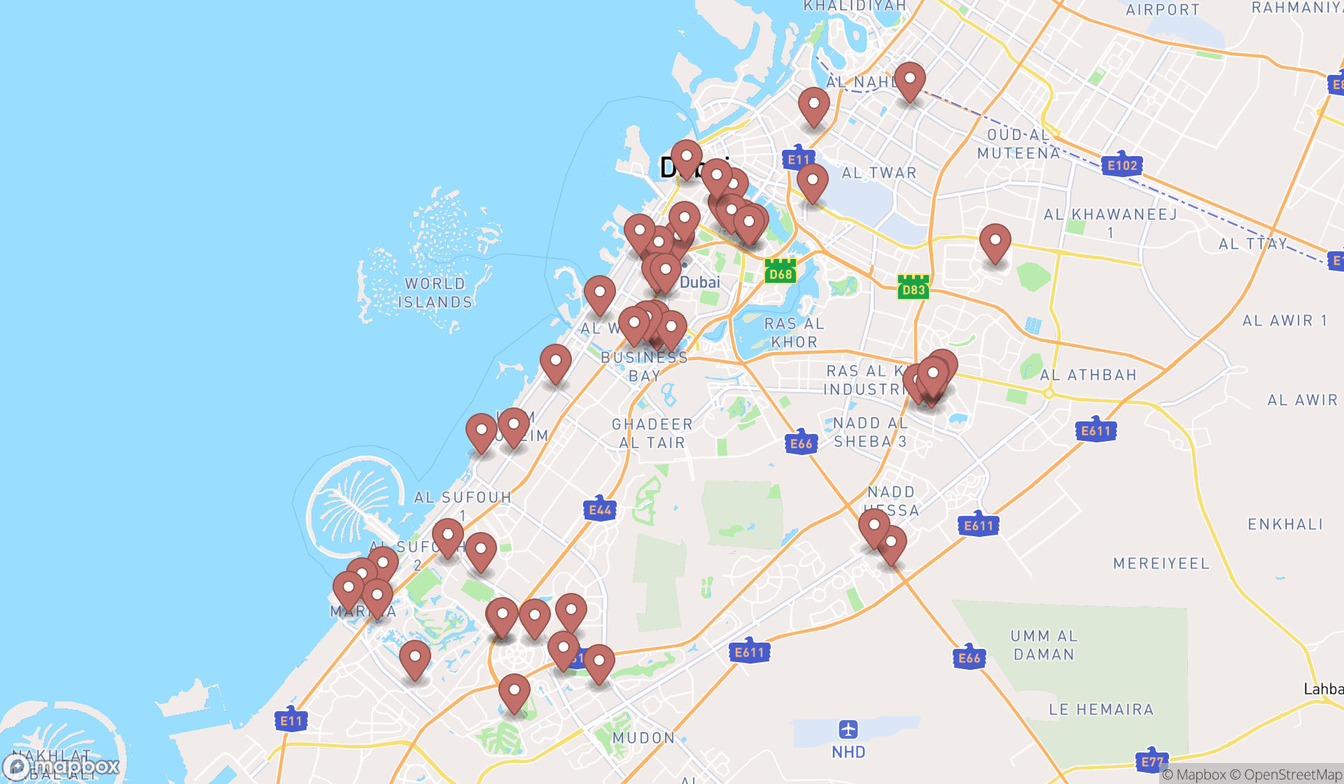 Map showing the search results in Dubai