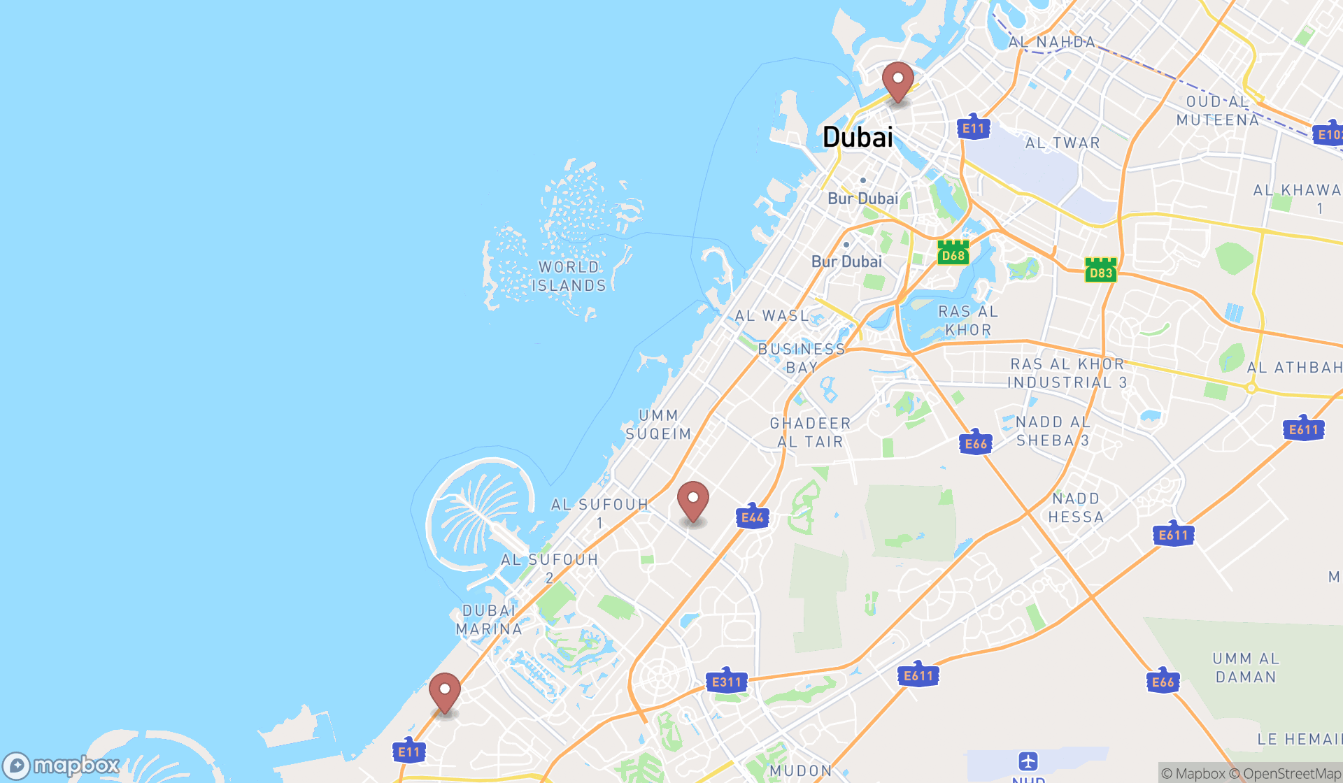 Map showing the search results in Dubai