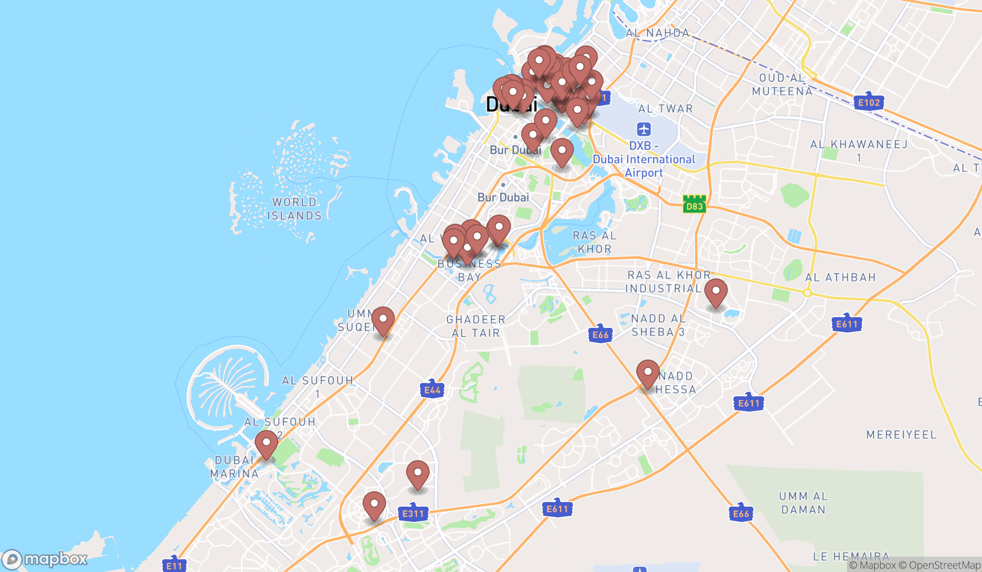 Map showing the search results in Dubai