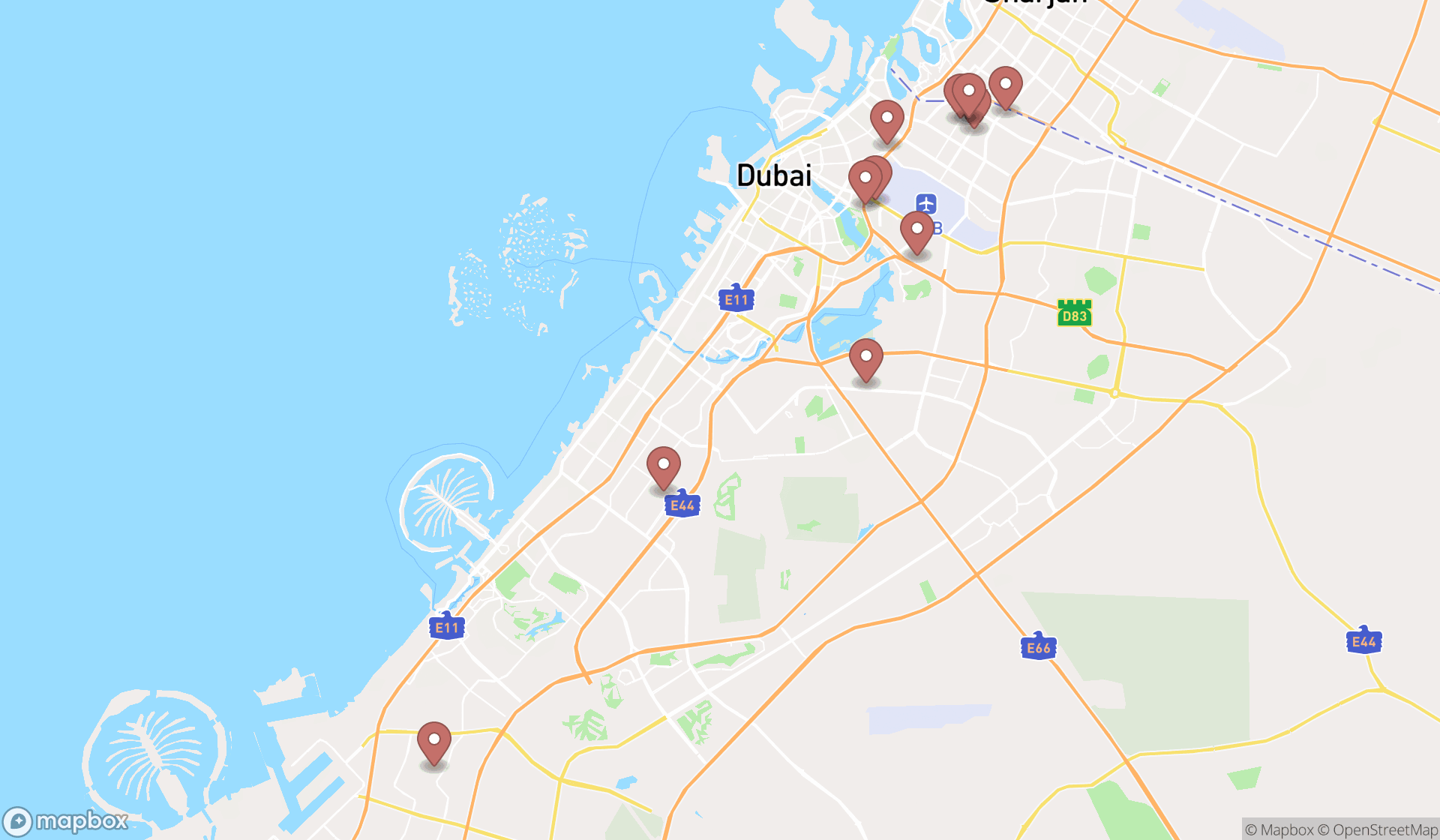 Map showing the search results in Dubai