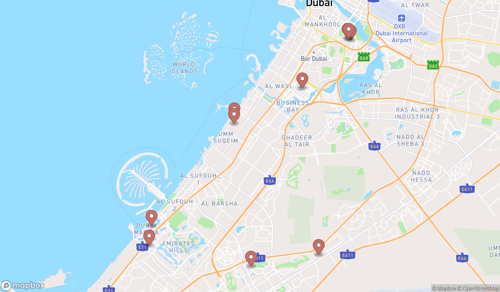 Map showing the search results in Dubai
