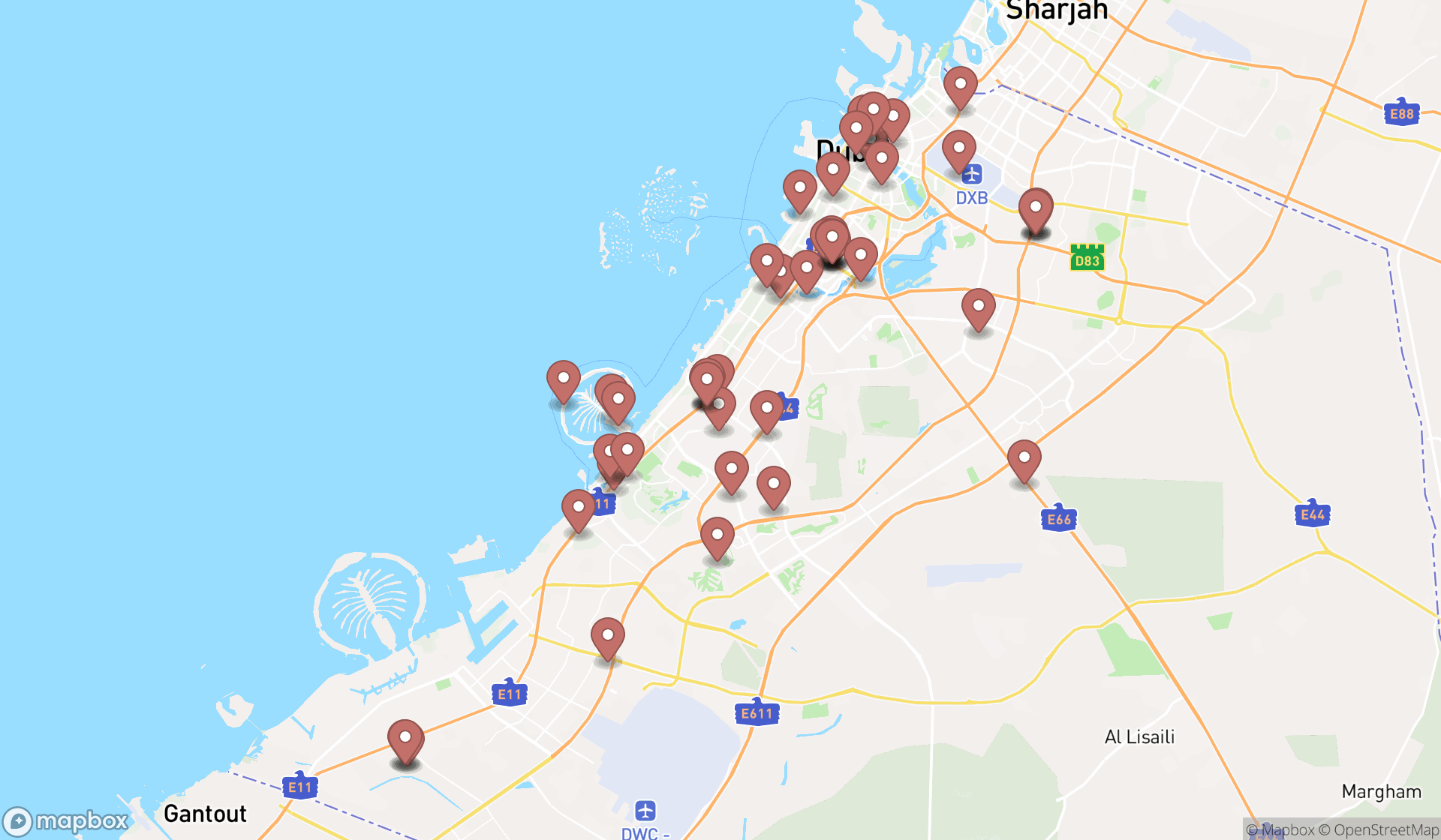 Map showing the search results in Dubai