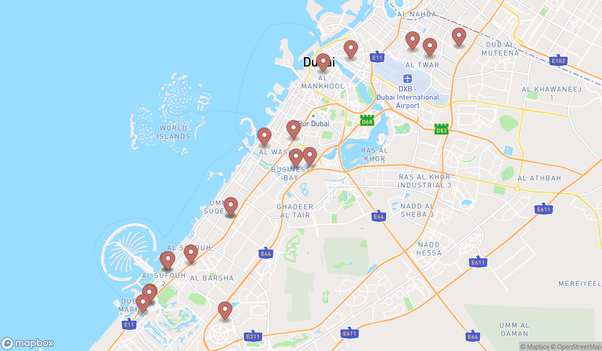 Map showing the search results in Dubai