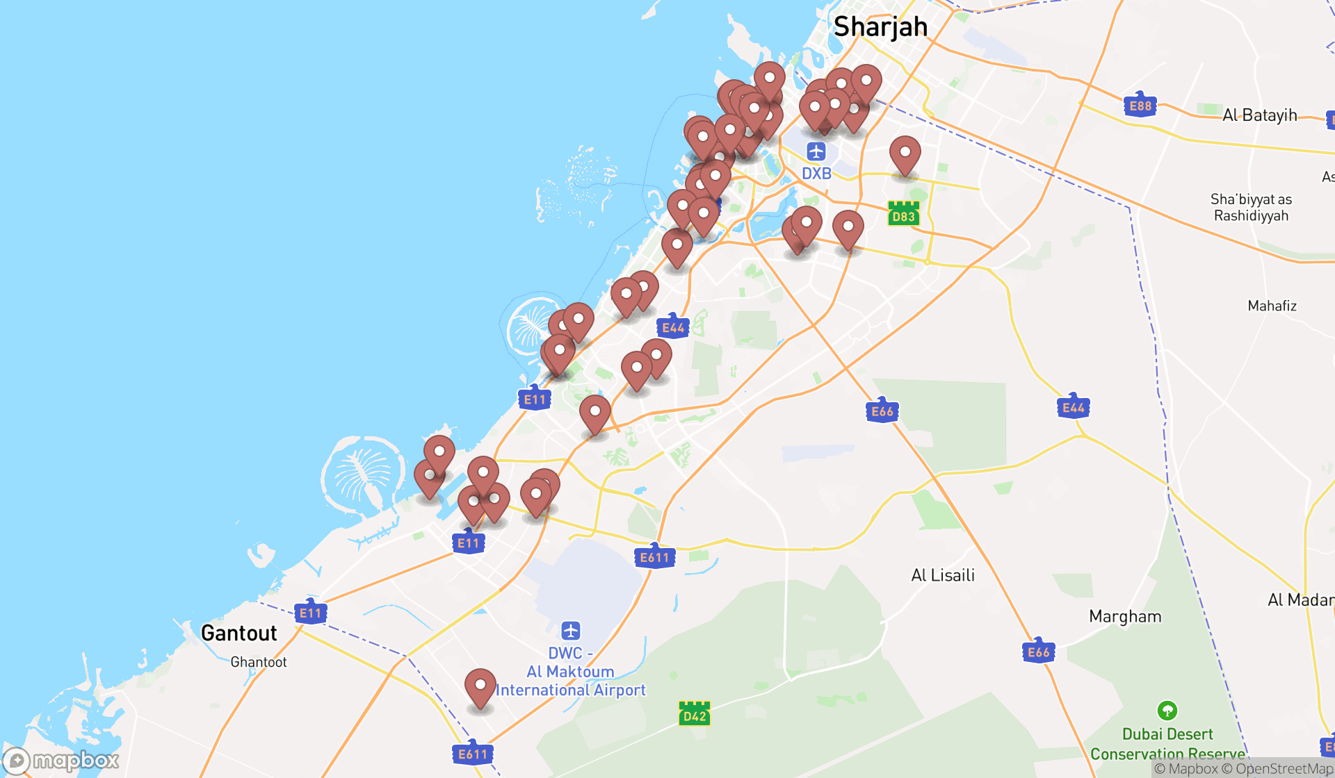 Map showing the search results in Dubai