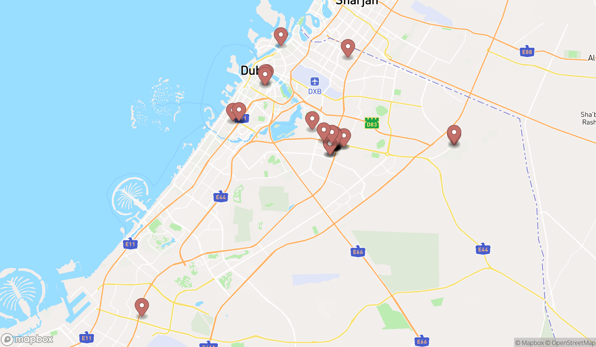 Map showing the search results in Dubai