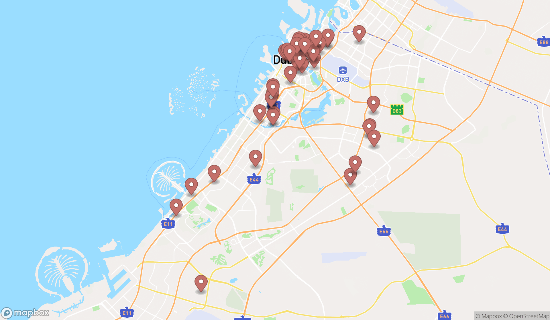Map showing the search results in Dubai