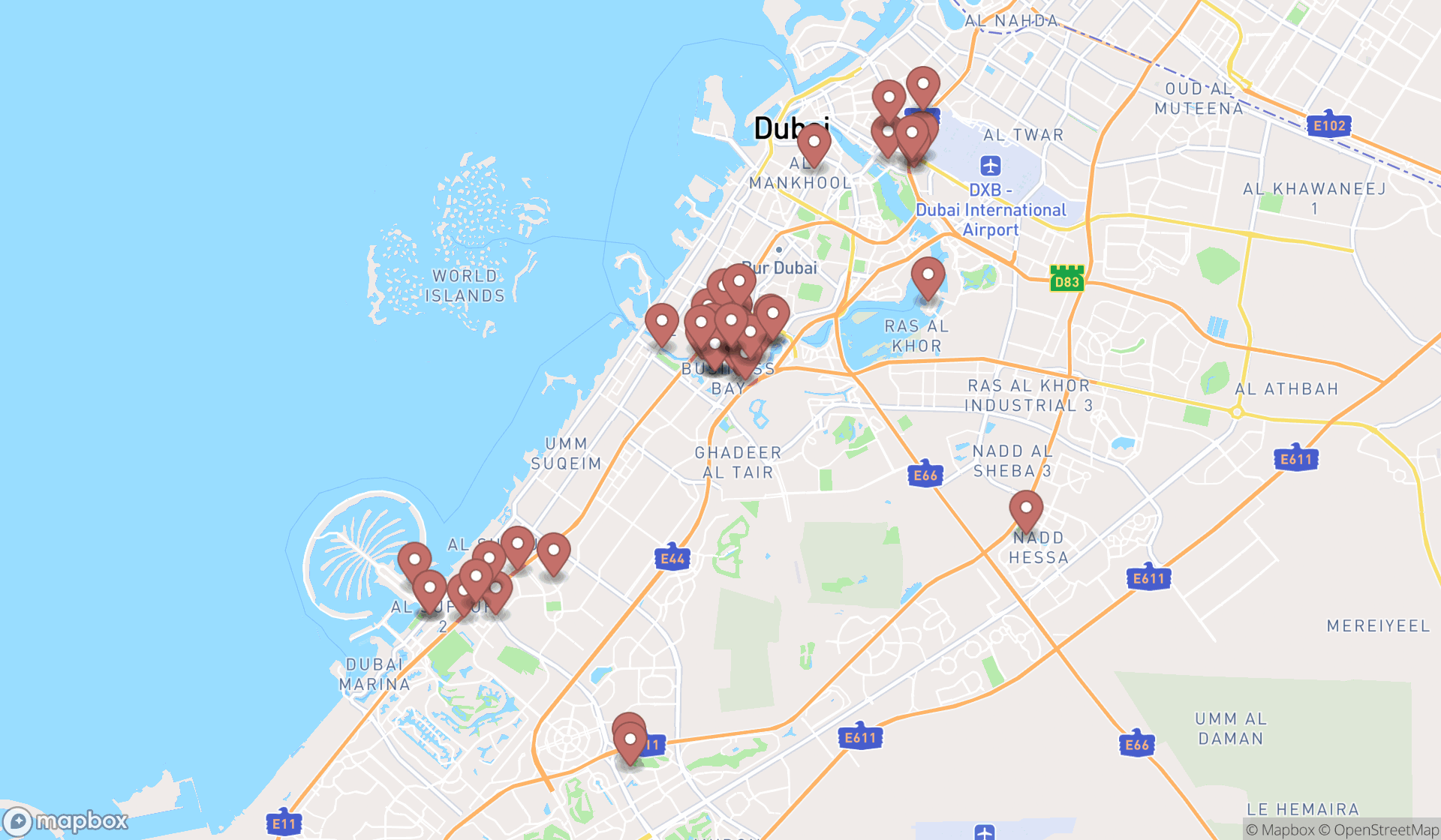 Map showing the search results in Dubai