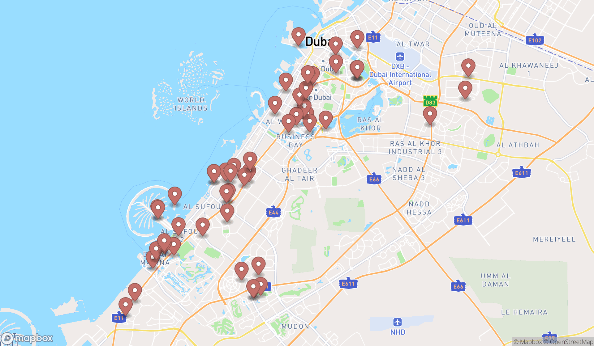 Map showing the search results in Dubai