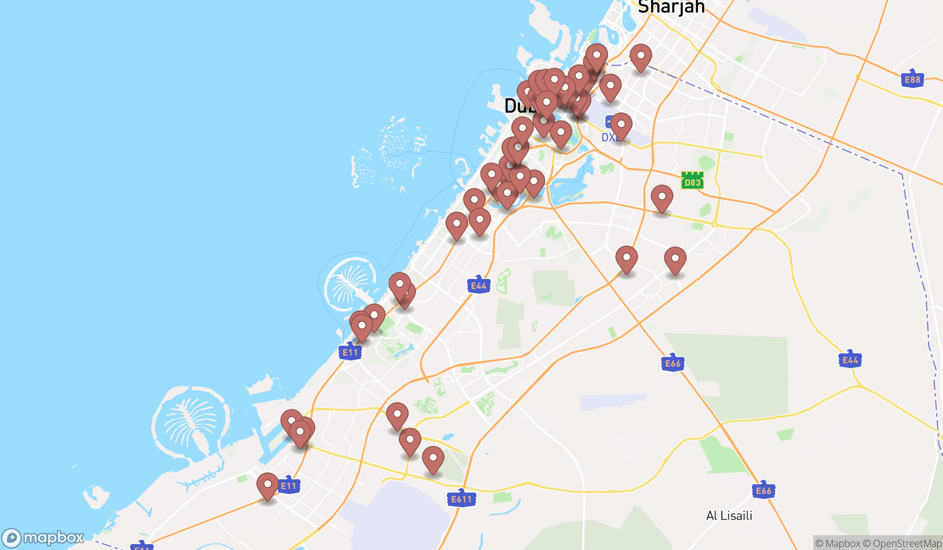 Map showing the search results in Dubai