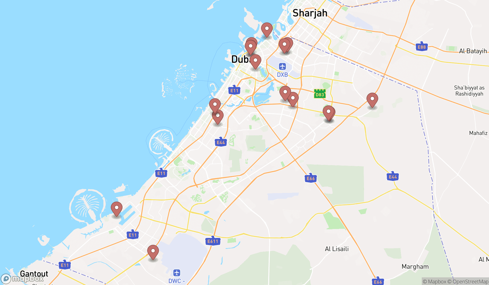 Map showing the search results in Dubai