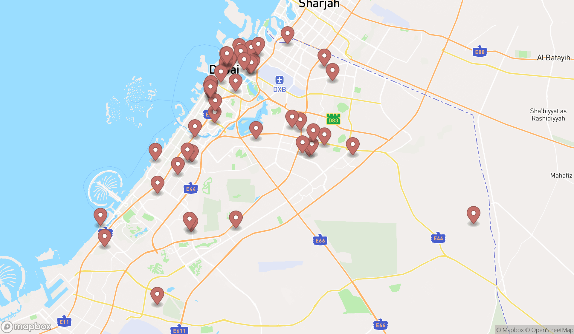 Map showing the search results in Dubai