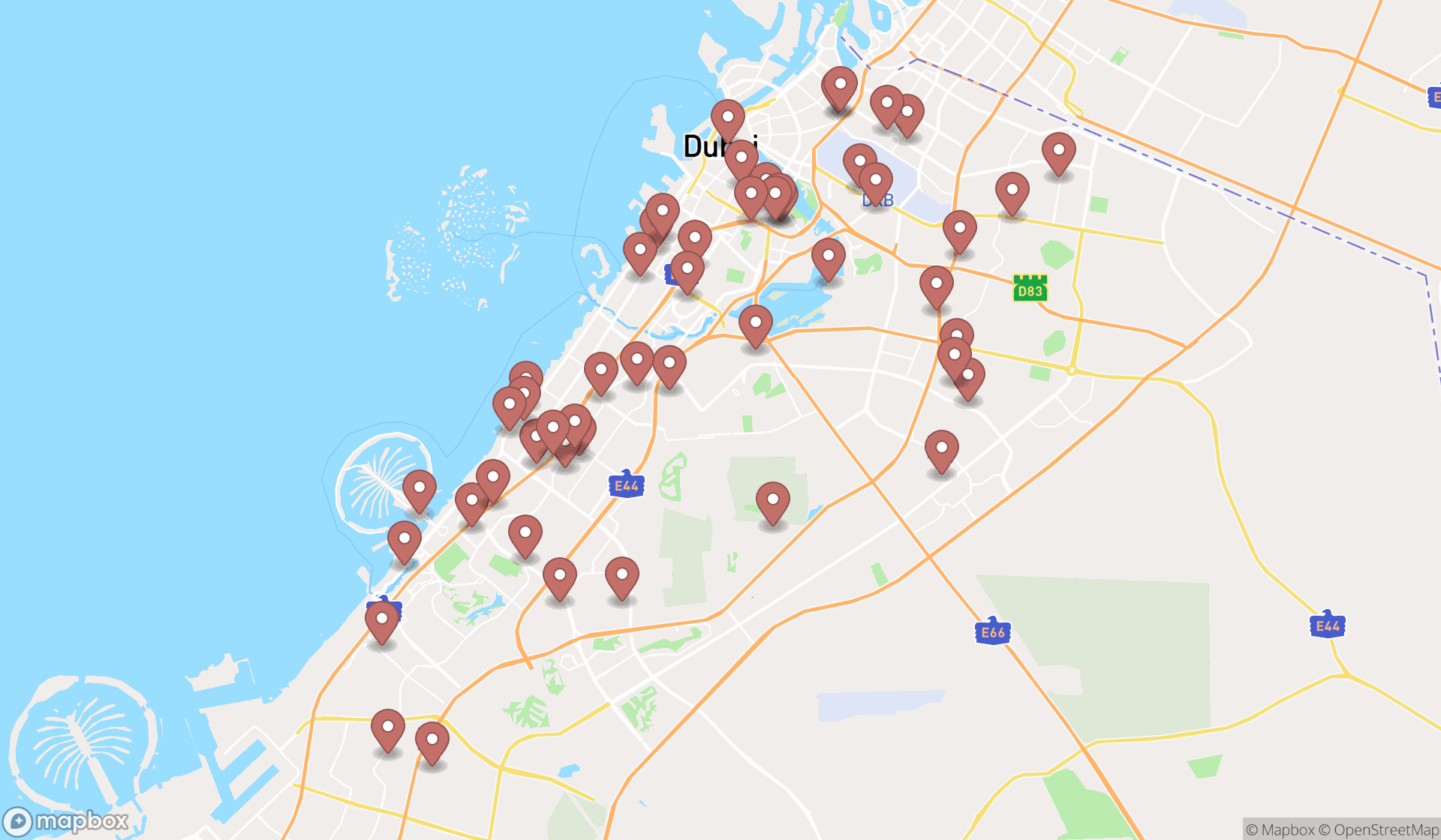 Map showing the search results in Dubai