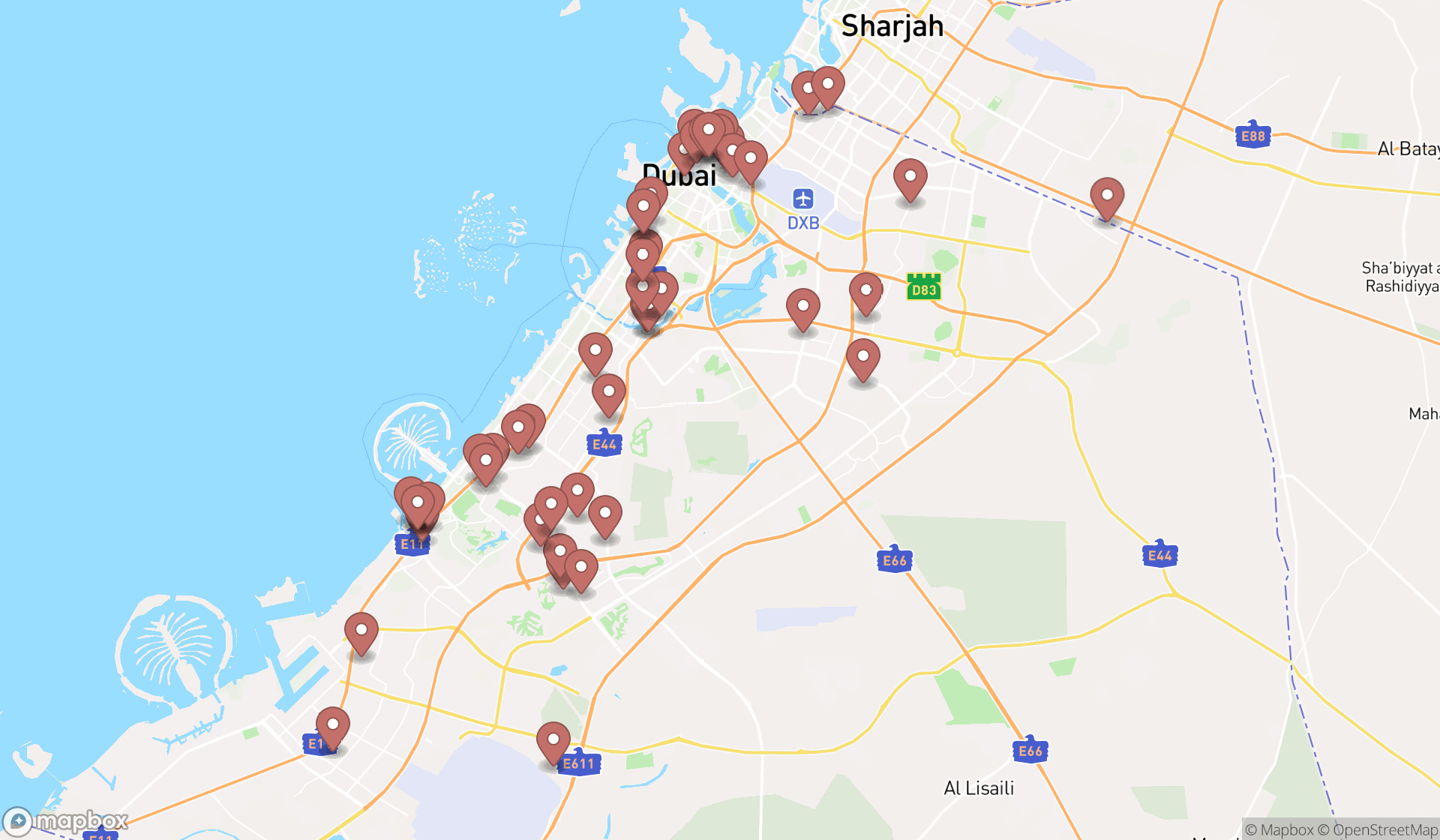 Map showing the search results in Dubai