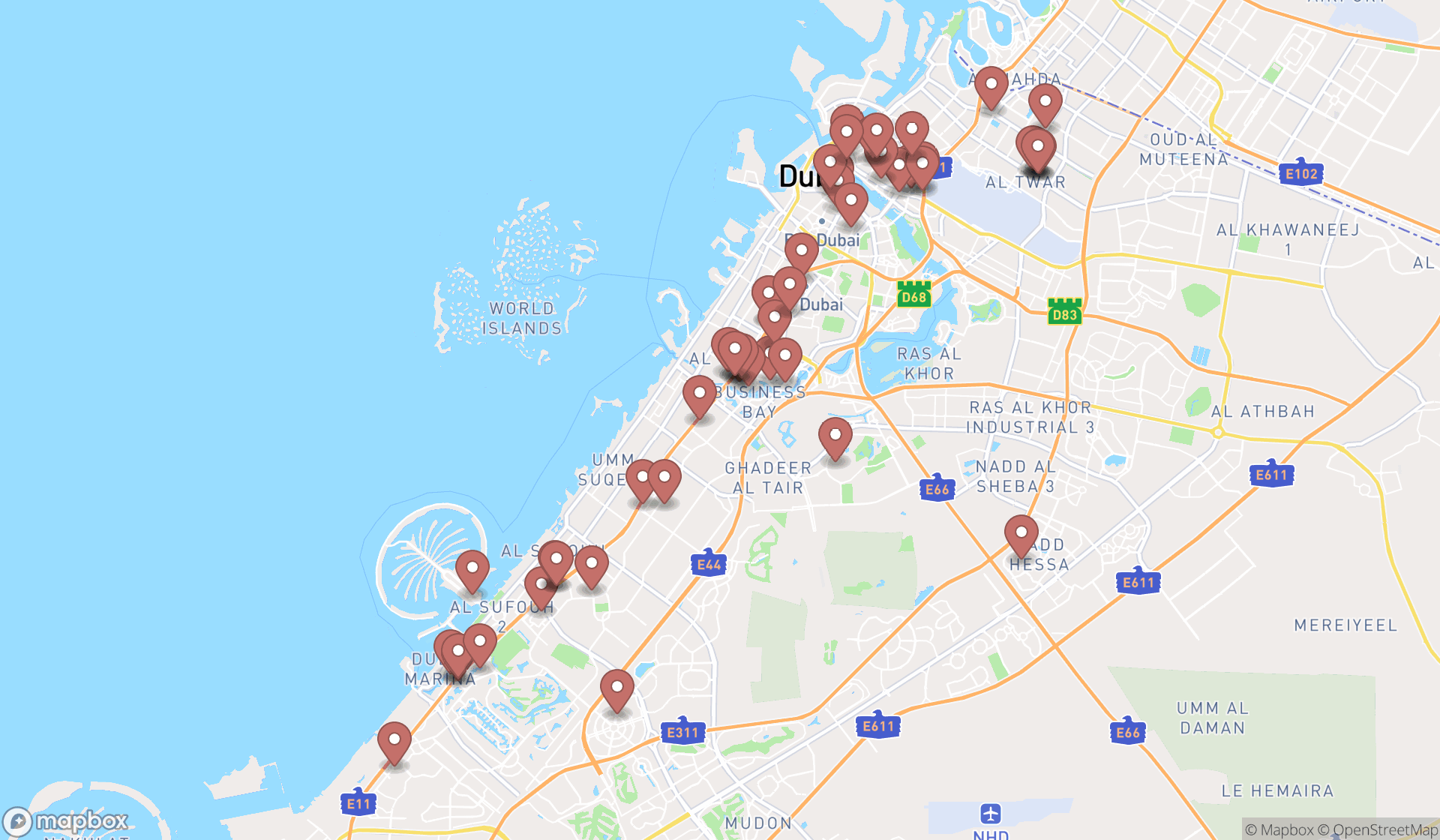 Map showing the search results in Dubai