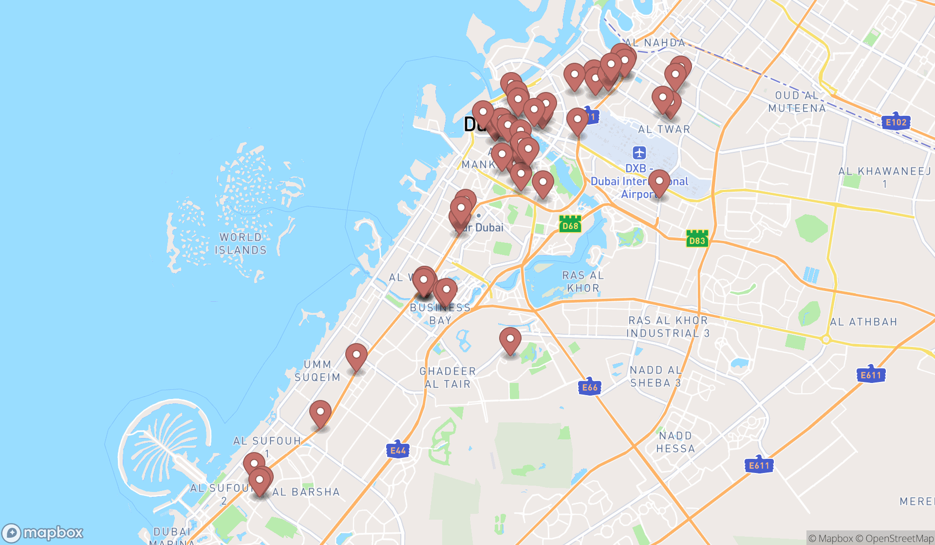 Map showing the search results in Dubai