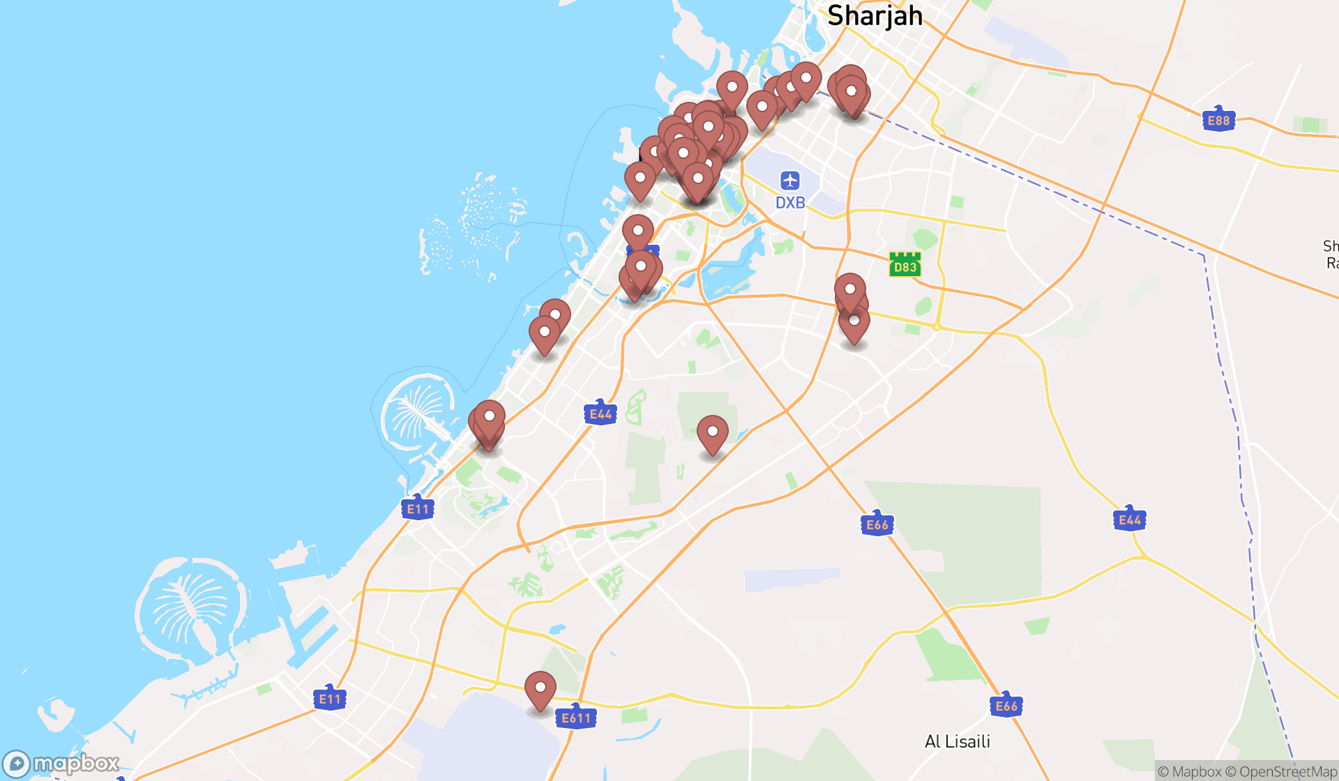 Map showing the search results in Dubai