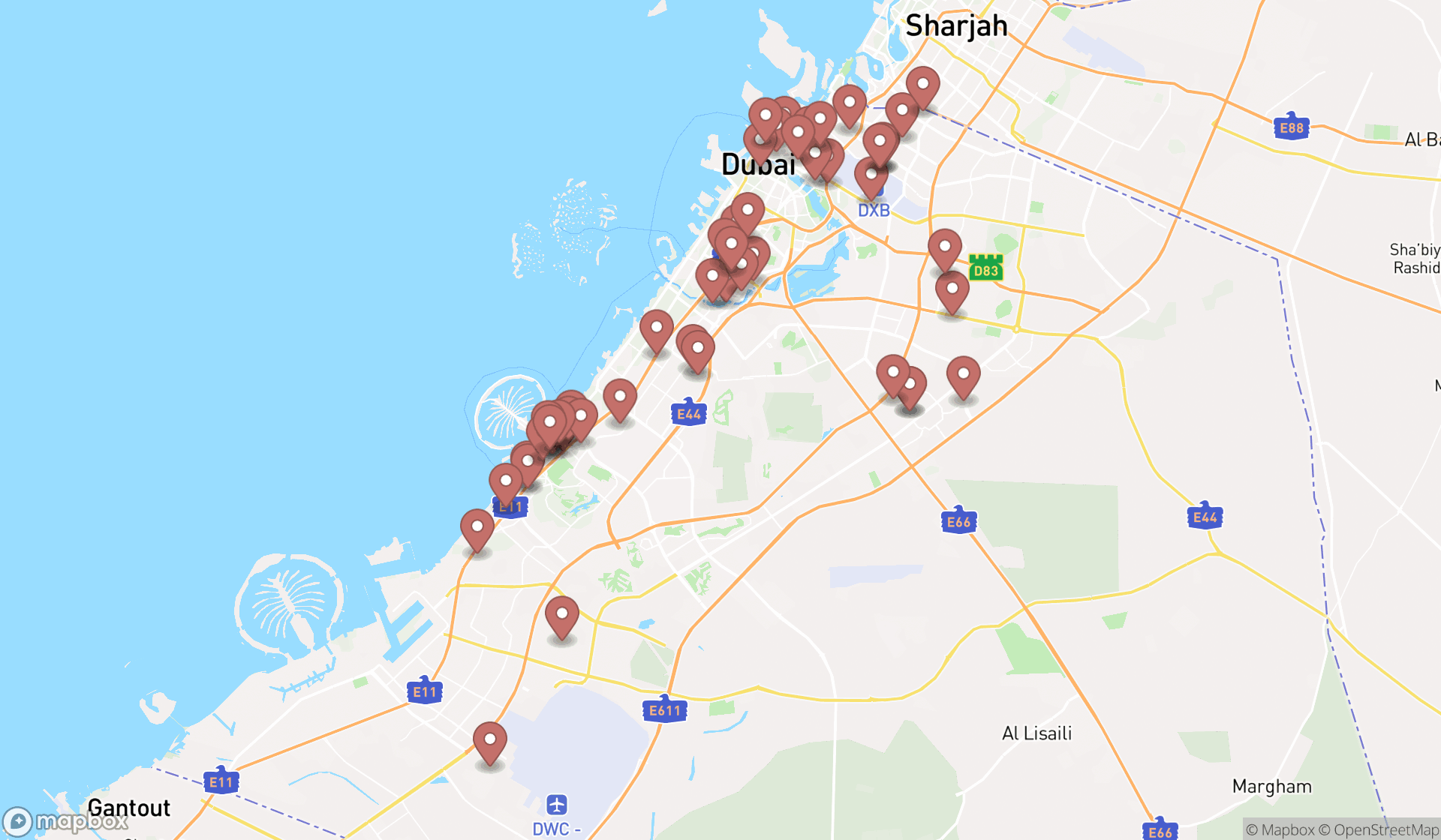 Map showing the search results in Dubai