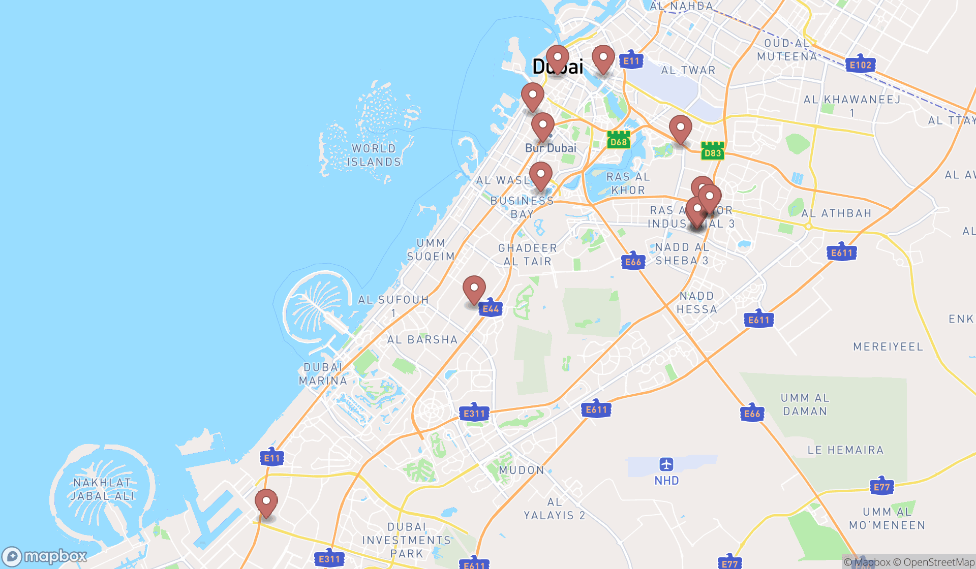 Map showing the search results in Dubai