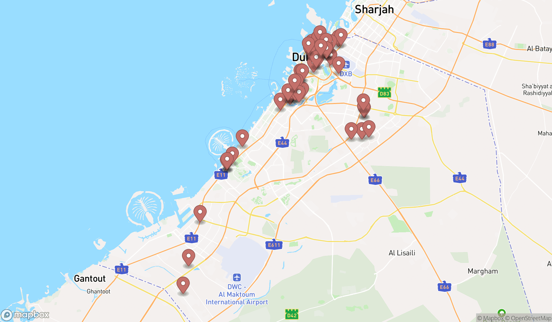 Map showing the search results in Dubai