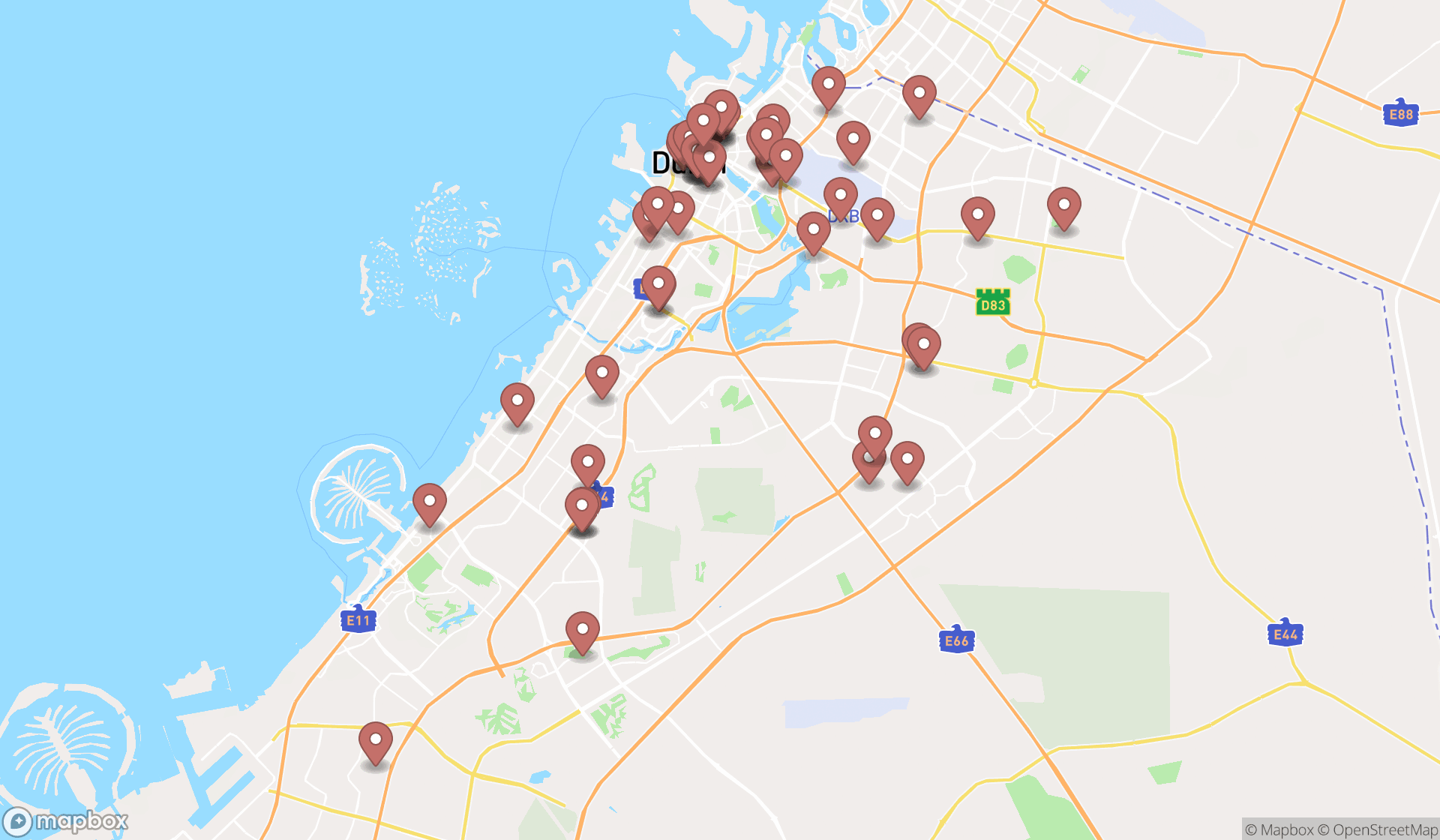 Map showing the search results in Dubai
