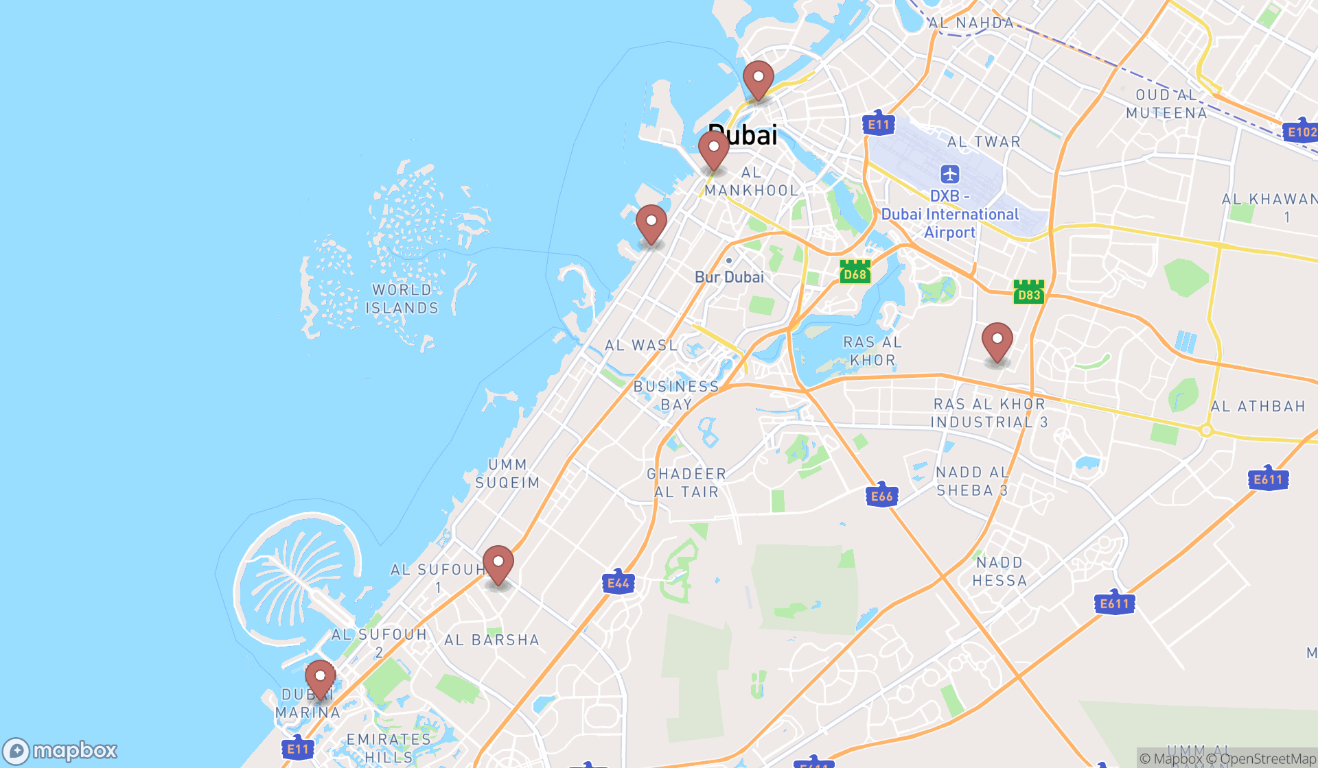 Map showing the search results in Dubai