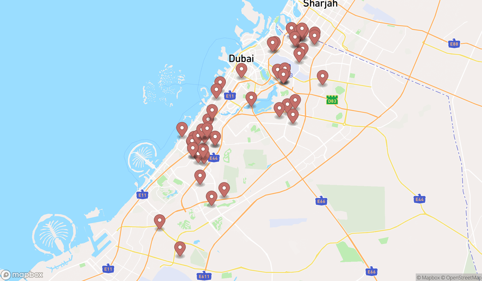 Map showing the search results in Dubai