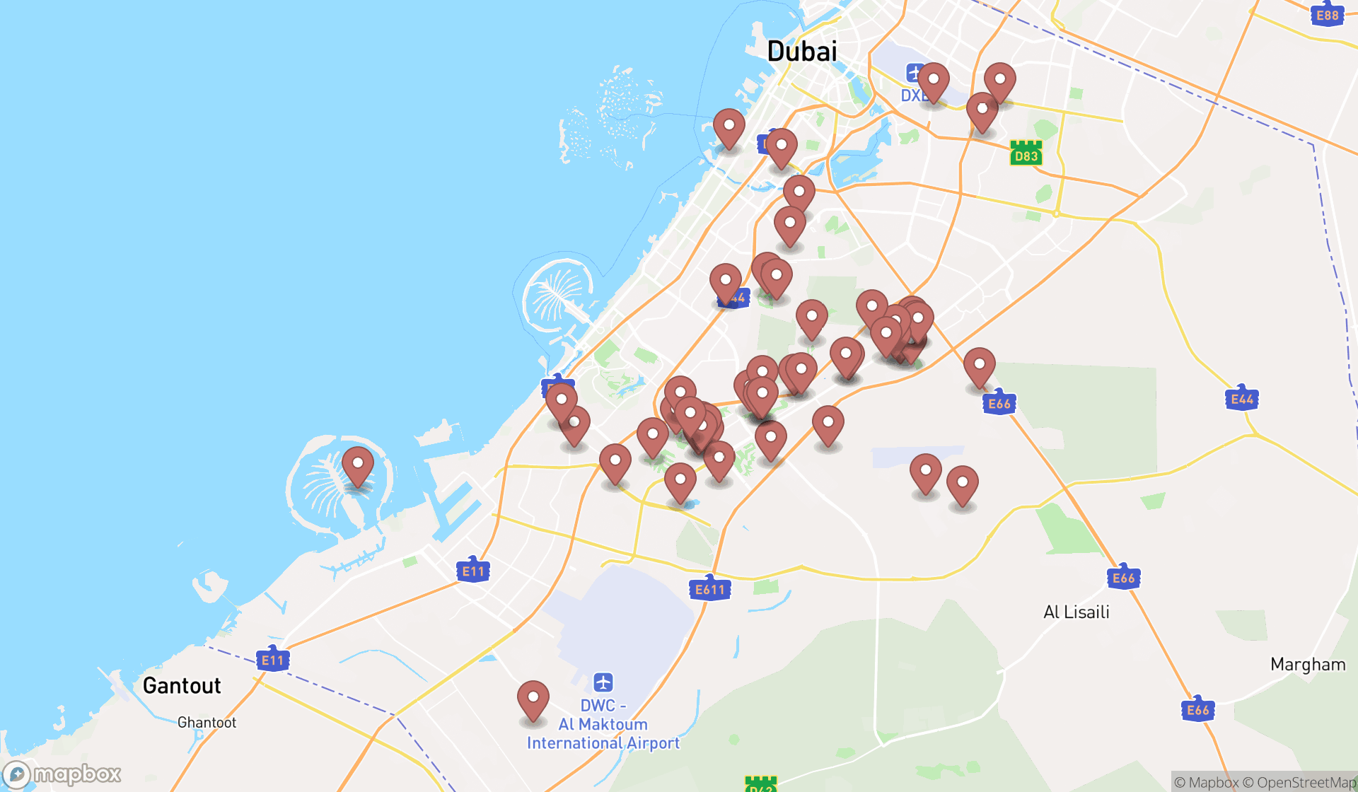 Map showing the search results in Dubai