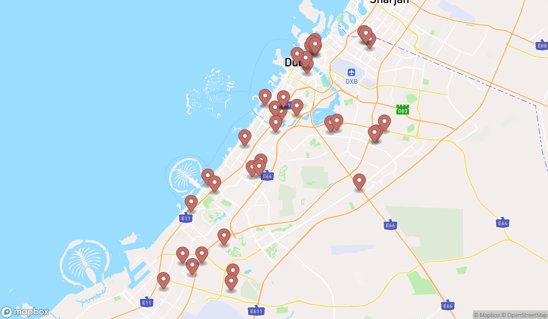 Map showing the search results in Dubai