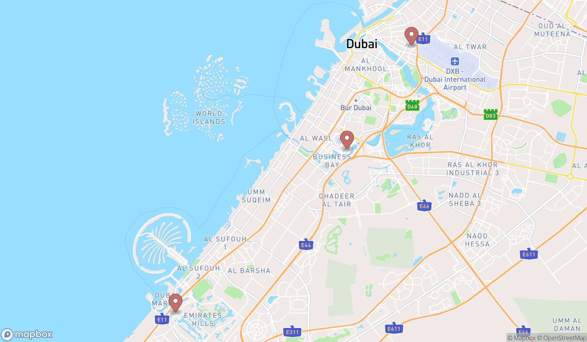 Map showing the search results in Dubai