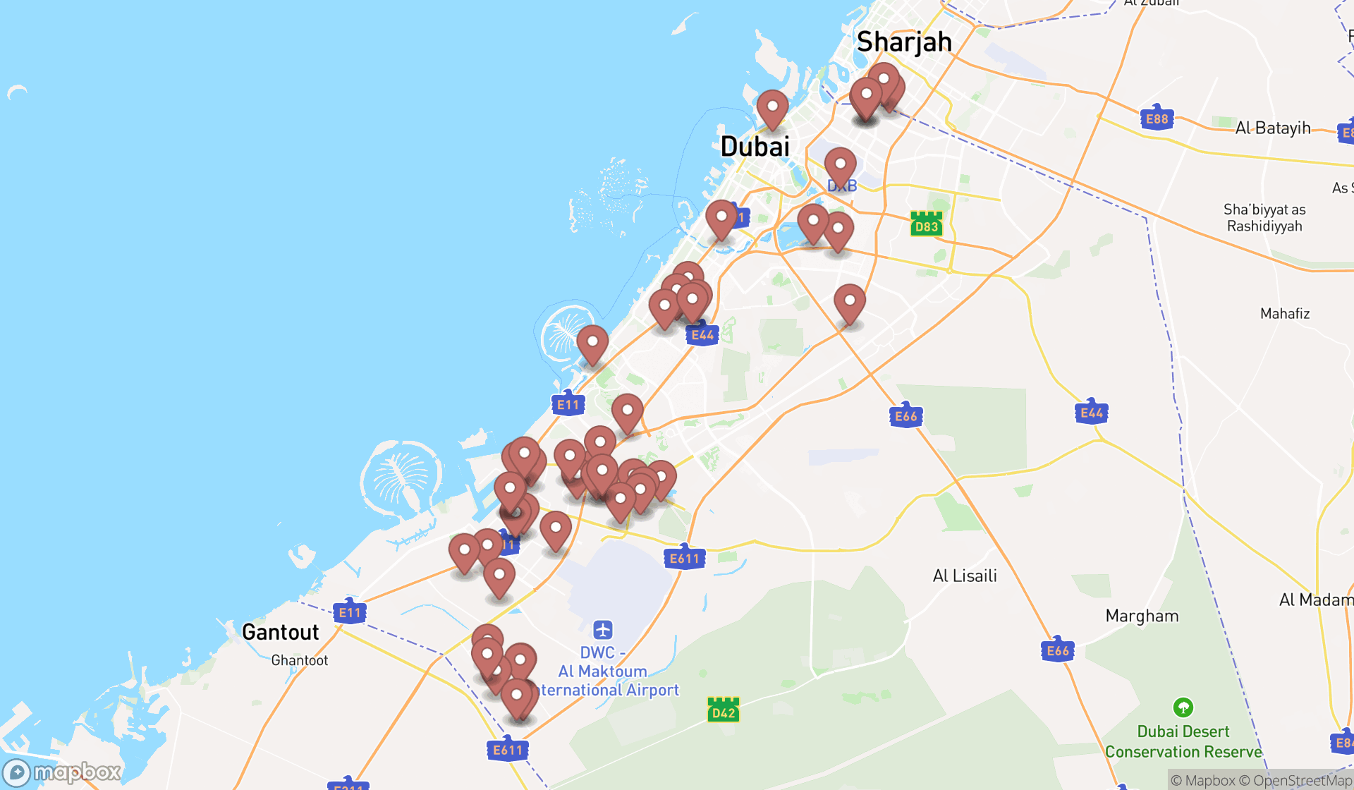 Map showing the search results in Dubai