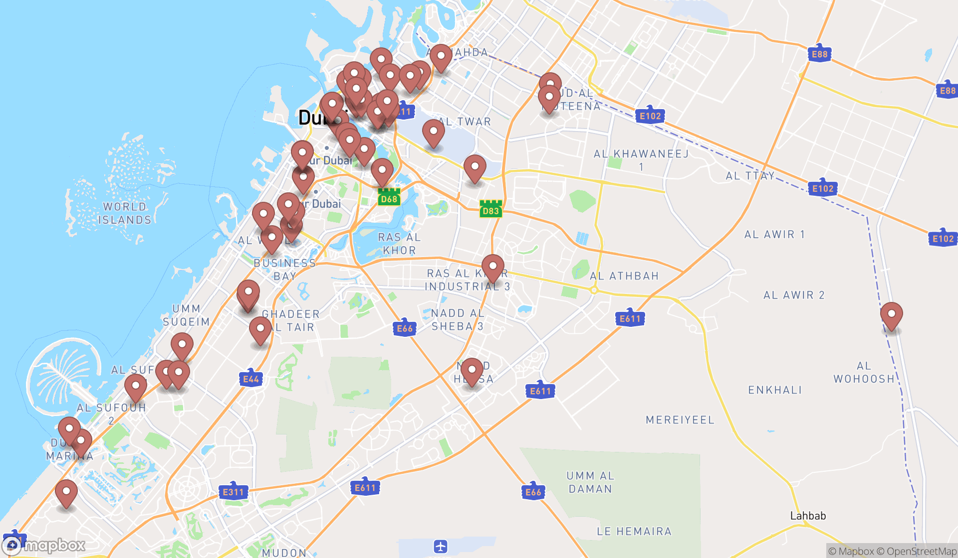 Map showing the search results in Dubai