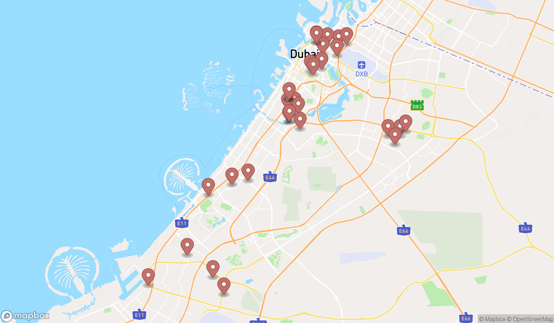 Map showing the search results in Dubai