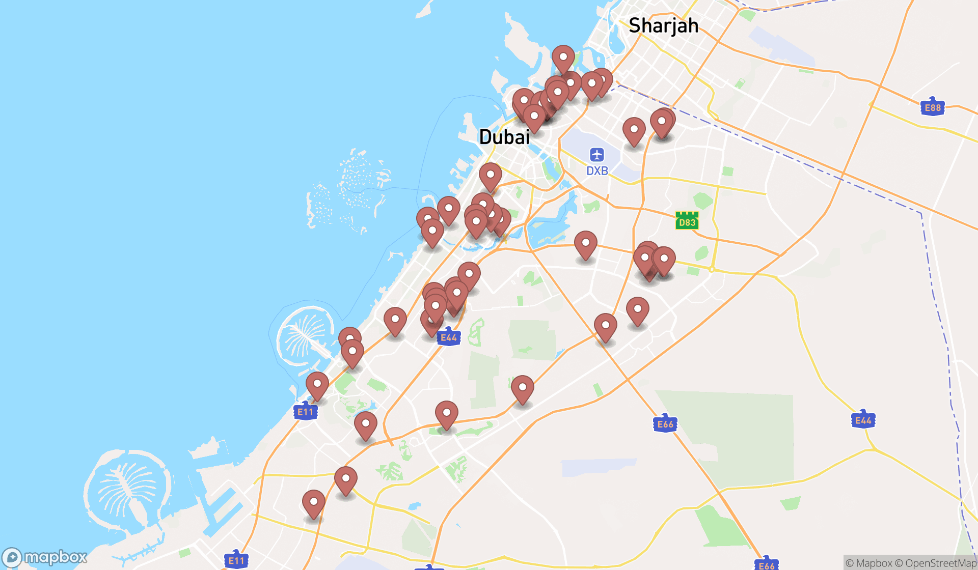 Map showing the search results in Dubai