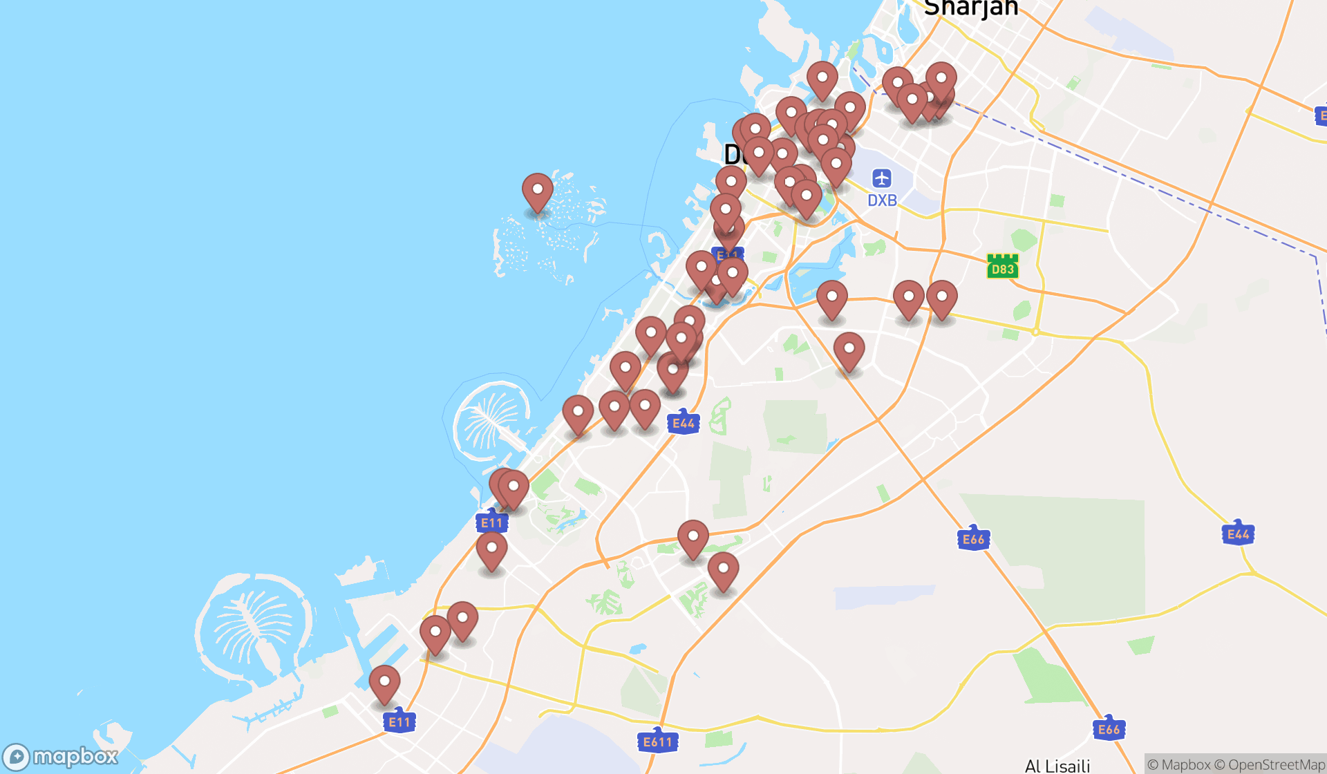 Map showing the search results in Dubai