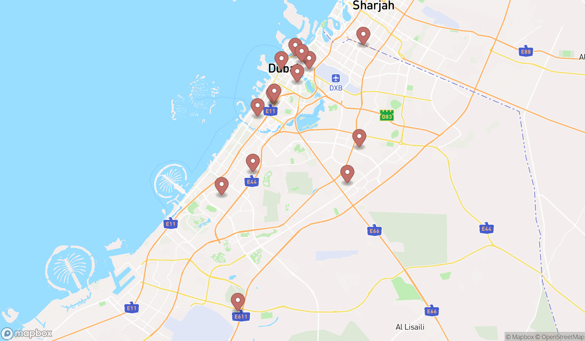 Map showing the search results in Dubai