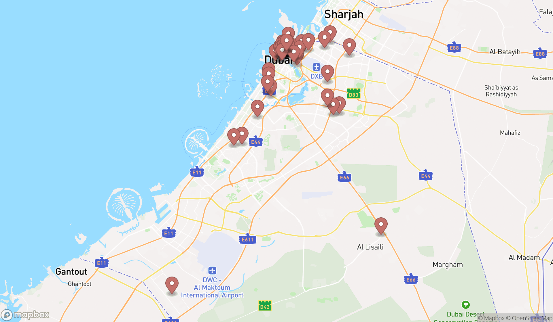 Map showing the search results in Dubai