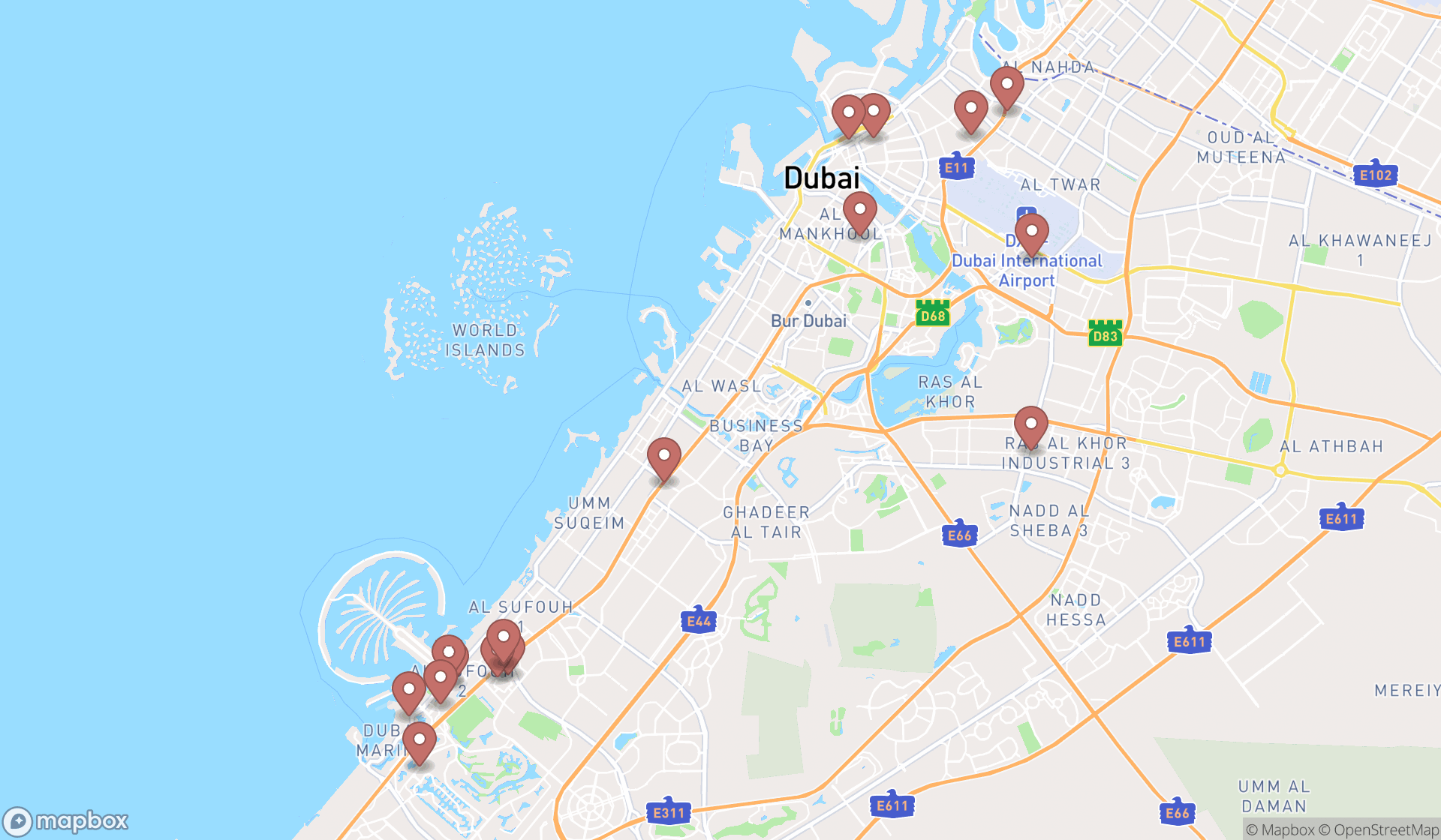 Map showing the search results in Dubai