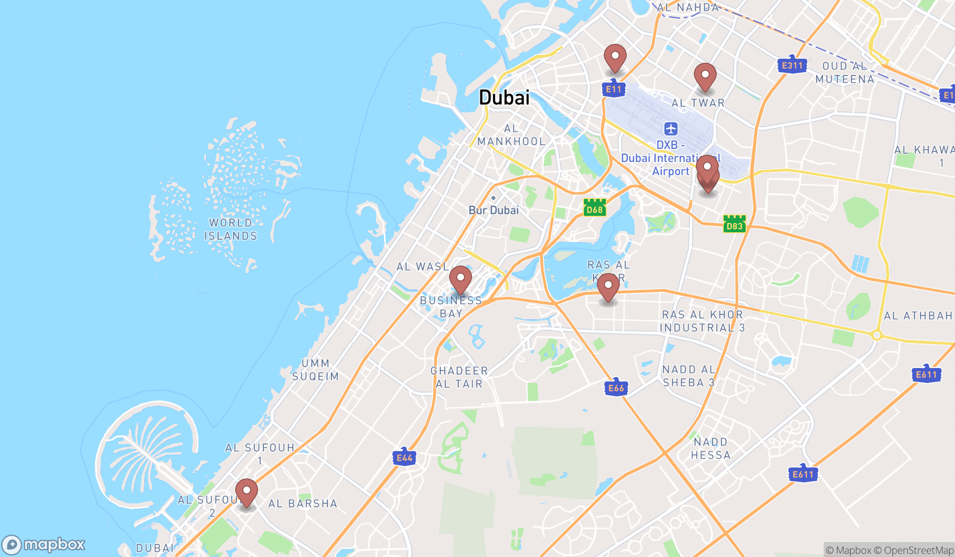 Map showing the search results in Dubai